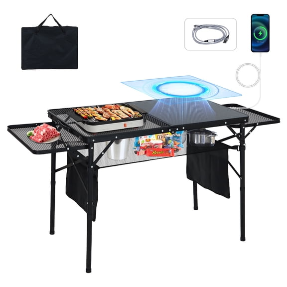Portable Camping Table with 42W Solar Panel & USB-C Charging | Foldable Outdoor Grill and Tailgate Table with 2 Side Shelves, Cup Holders, Storage Net | for Car Camping, BBQ, Beach, Picnic
