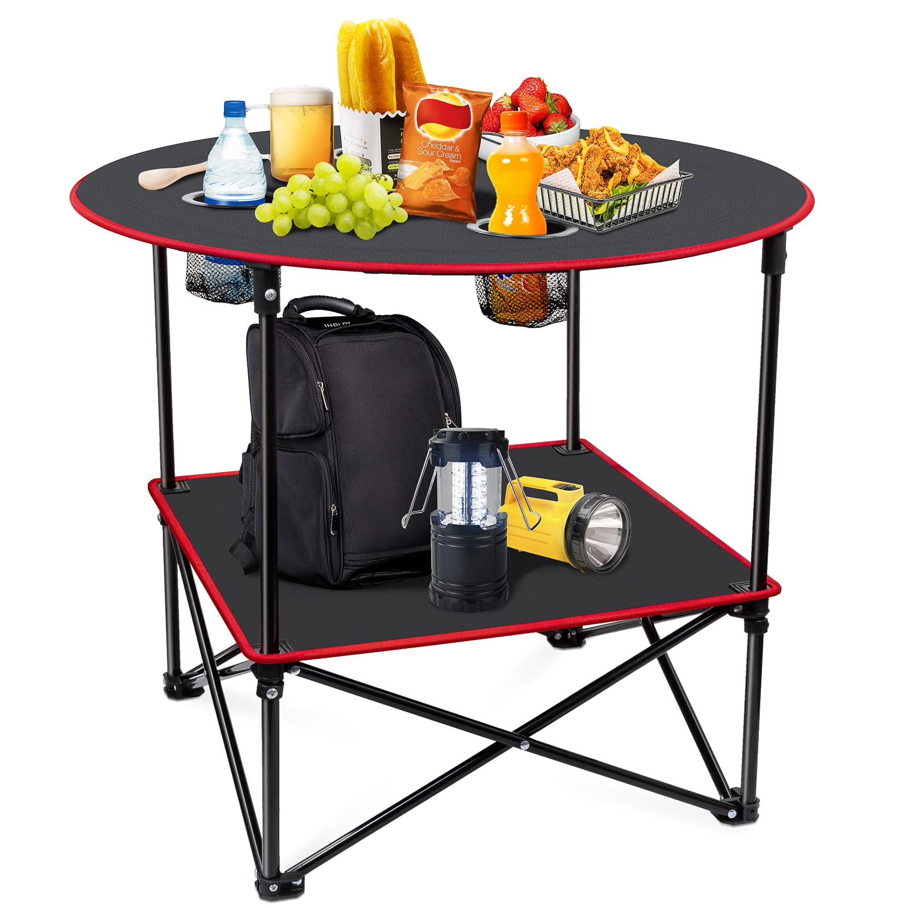 Black and Red Waterproof Canvas Folding Camping Table with Cup Holders