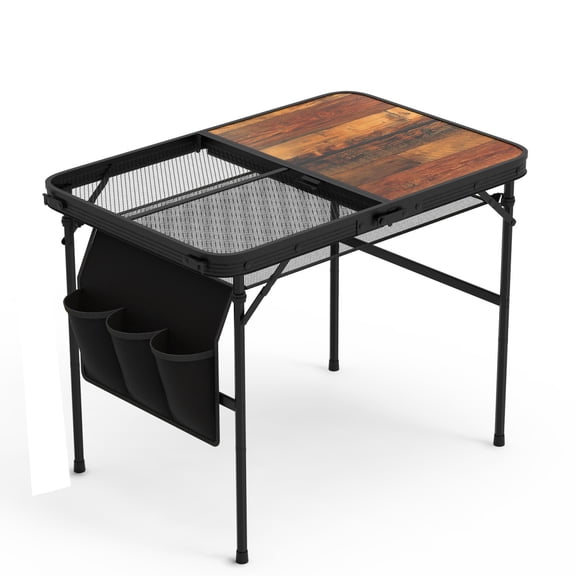 Portable Camping Table, Ultralight Aluminum Folding Grill Table, Small Camp Table with Cup Holder, Easy for Storage for Beach Hiking Backpacking Outdoor Picnic RV BBQ (35.43", Black+Brown)