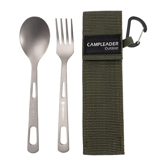 Portable Camping Tableware Long Handle Comes with Bag & Carabiner Camping Utensils Metal Camping Cutlery for Backpacking Travel Tableware Fork Spoon Green Bag