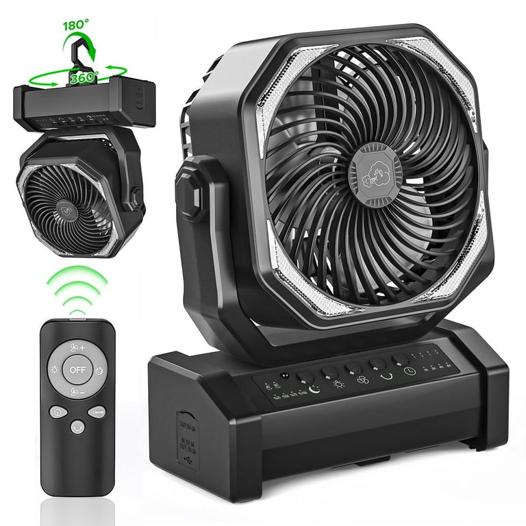 Camping Fan with LED Lantern, 10000mAh Rechargeable Battery Operated  Outdoor Tent Fan with Light & Hook, 270° Pivot, 3 Speeds, Personal USB Desk  Fan