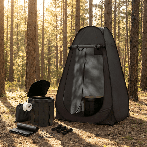 Portable Camping Toilet Kit with Pop-Up Privacy Tent & Toilet Bags - Complete Outdoor Bathroom System Includes Folding Seat, and Washable Shower Tent, Black