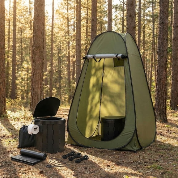 Portable Camping Toilet Kit with Pop-Up Privacy Tent & Toilet Bags - Complete Outdoor Bathroom System Includes Folding Seat, and Washable Shower Tent