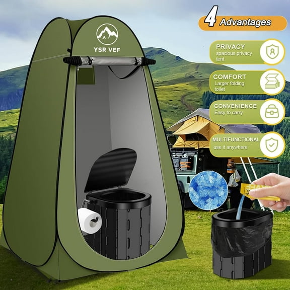 Portable Camping Toilet Kit with Pop-Up Privacy Tent, Washable Outdoor Shower and Changing Room, Includes Toilet Bags and Poo Gel