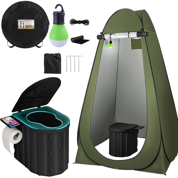 Portable Camping Toilet with Pop Up Privacy Tent, Folding Portable Toilet for Camping with 12 Inch Seat, LED Light Portable Bathroom Kit for Adults up to 400 Lbs