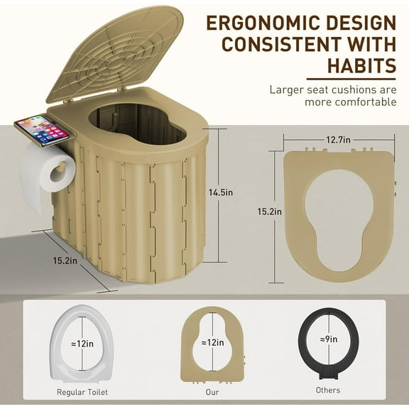 Portable Camping Toilet with Pop-Up Privacy Tent, 12-inch Toilet Seat, Outdoor Portable Folding Toilet Potty for Adults Load Capacity of 400 Lbs, LED-Light Camping Bathroom