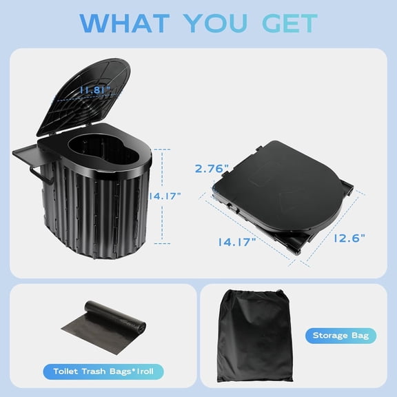 Portable Camping Toilet for Adults, 15" Foldable Outdoor Toilet with Lid and Paper Holder, Compact Potty for RV, Truck, Camp, Hiking (Black)