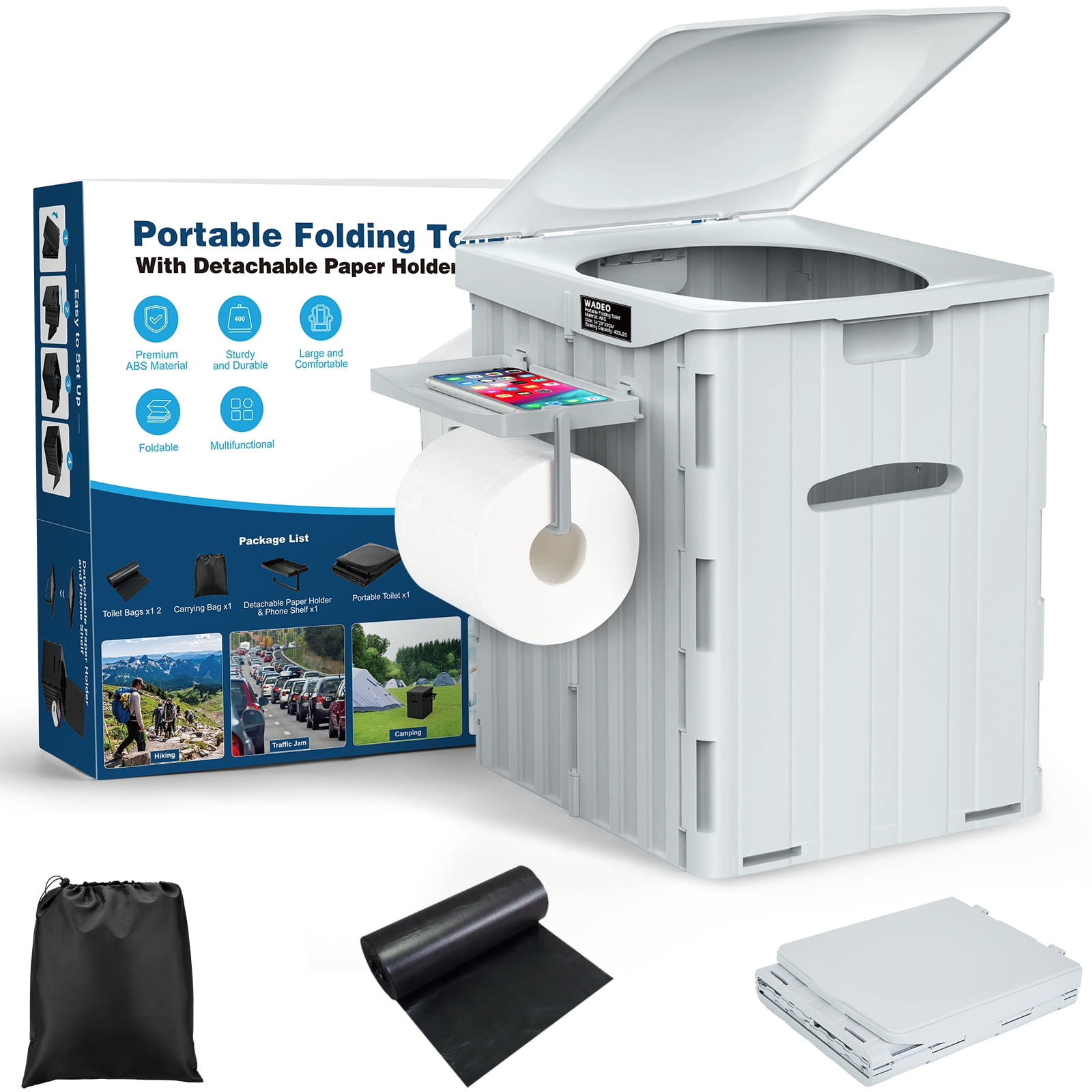 Collapsible Portable Camping Toilet with Lid, Phone Shelf and Paper ...