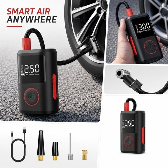 Portable Car Air Compressor, Digital Tire Inflator with Auto Shutoff, Handheld High Pressure Electric Smart Pump with LED Display for Car Motorcycle Bicycle Ball