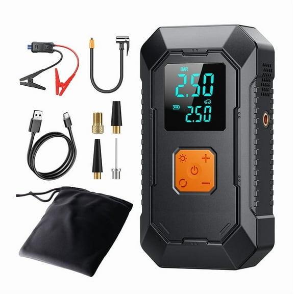 Portable Car Air Compressor & Jump Starter - 12V, Fast Charging, Digital Tire Inflator, LED Light, Compact Design For Gas/Diesel Engines And Car, Motorcycle And Bicycle Tire Inflation