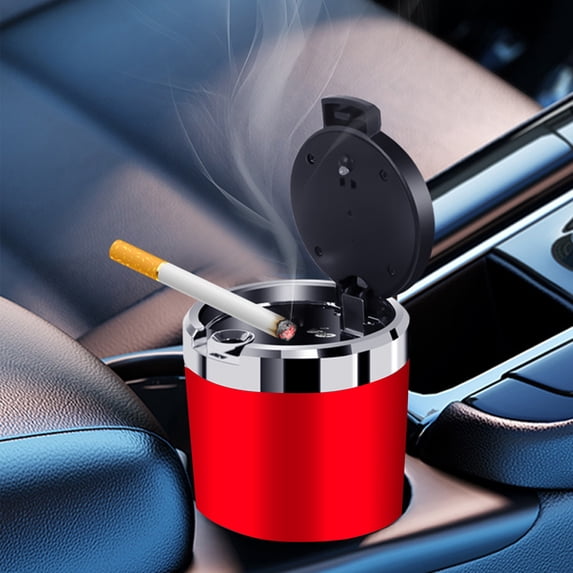 Portable Car Ashtray with Lid and LED Light, Detachable Stainless Steel Mini Trash Can Vehicle Smell Proof Easy Clean