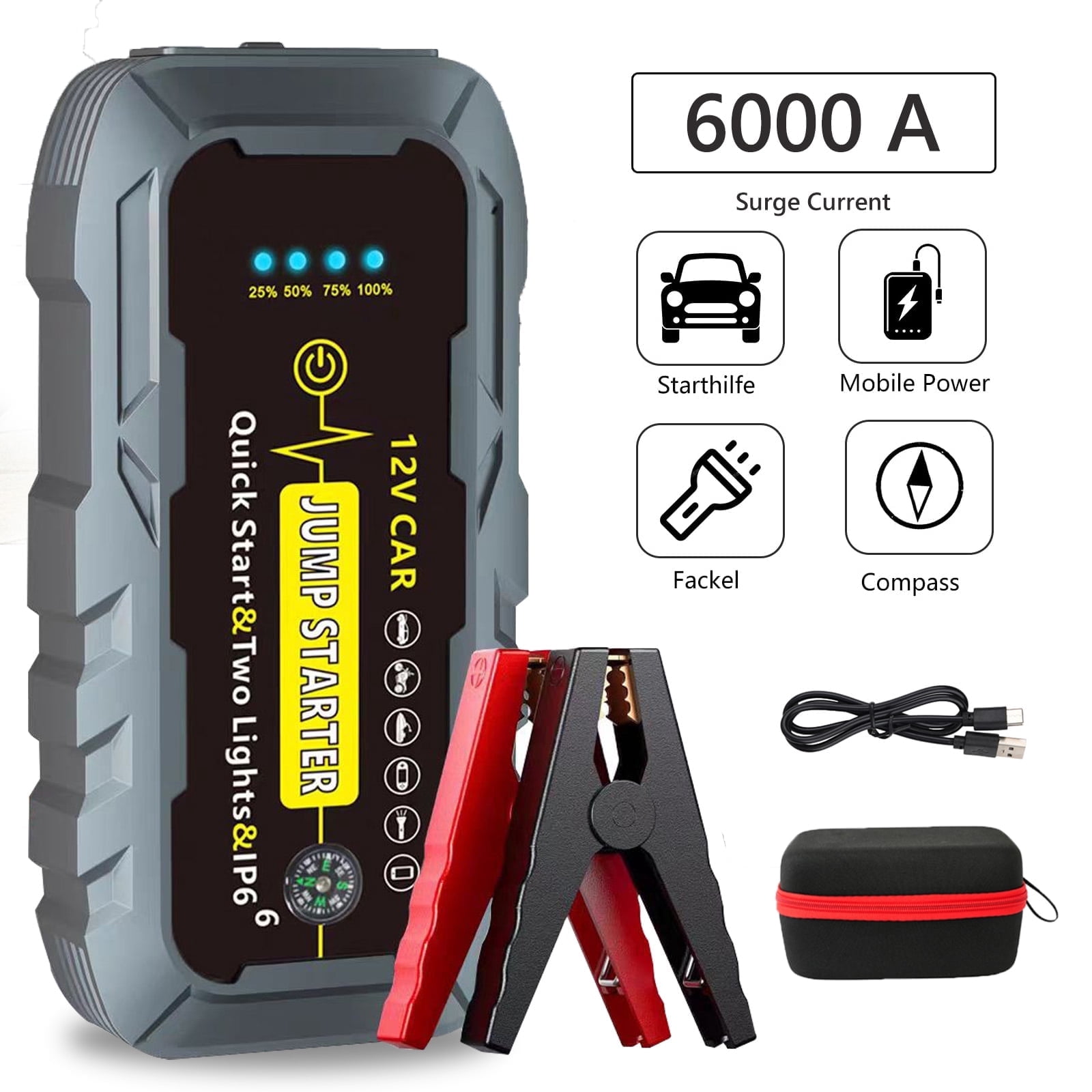 Portable Car Battery Jump Starter, 6000A Peak Battery Booster, Fast Charger 12V Jumper Cables for All 12V Gasoline & Diesel Engines