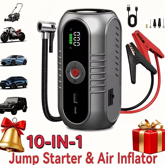 Portable Car Battery Jump Starter with Tire Inflator 12V Fast Start, Battery Boost, USB I/O, LED Emergency Light, Reliable Power, Roadside/Vehicle Emergency Tool 4000A/12000A Portable Wireless Car