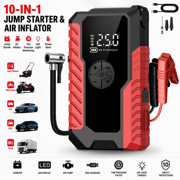Portable Car Battery Jump Starter with Tire Inflator, 12V Fast Start, USB I/O, LED Light, 4000A/12000A, Roadside Emergency Tool, Reliable Power for Vehicles