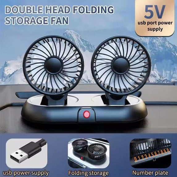 Portable Car Cooling Fan with 2-Head - 5V Electric Air Cooling Fan,USB Rechargeable Plug,Silent Electric Fan 360° Rotation with 3 Wind Speed Stable Base for Car Truck SUV RV Marine Boat