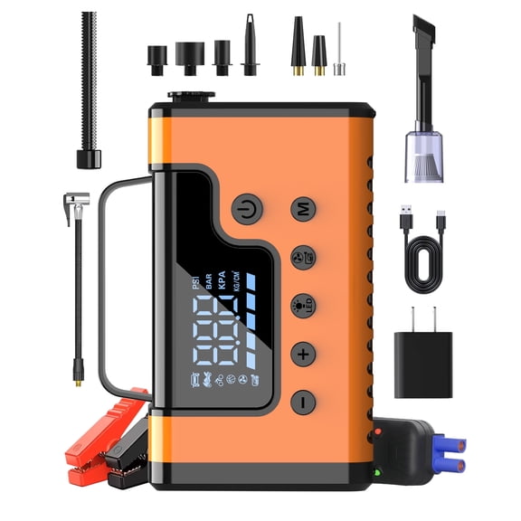 Portable Car Jump Starter with 150PSI Tire Inflator, Vacuum & Air Blower- 3000A Peak 16,000mAh (8.0L Gas/ 6.0L Diesel) w/ LED Display - Power Bank, LED Flashlight / Floodlight - Incl. Case
