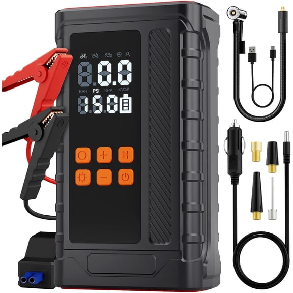 Portable Car Jump Starter with Air Compressor, 14.8V 2000 * 4mAh Battery Booster, 150PSI Tire Inflator, Power Bank & LED Flashlight for Roadside Emergencies Travel