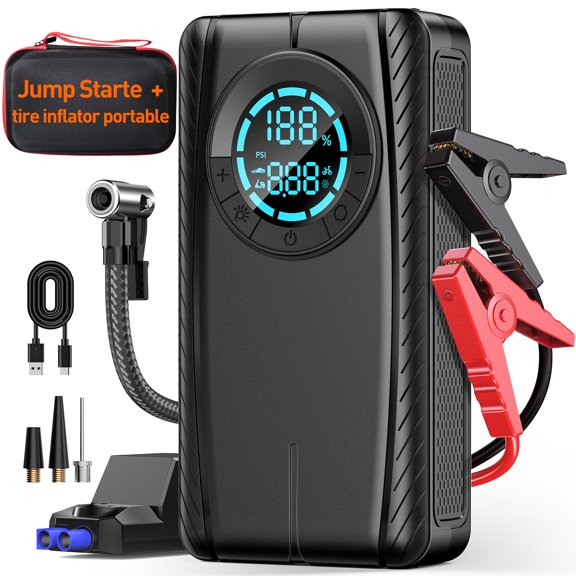 Portable Car Jump Starter with Air Compressor - 1500A Car Battery Jump Starter (7.0 Gas/6.0L Diesel), 12V Car Jumper Starter Portable, Jump Box with Smart Jumper Cables, Tire Inflator, LED Light