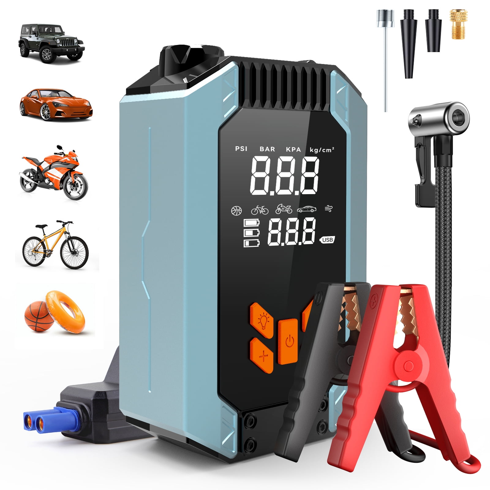 Portable Car Jump Starter 4000A Peak 12V with Air Compressor (150 PSI), Smart Jumper Cables, LED Light and LCD Display