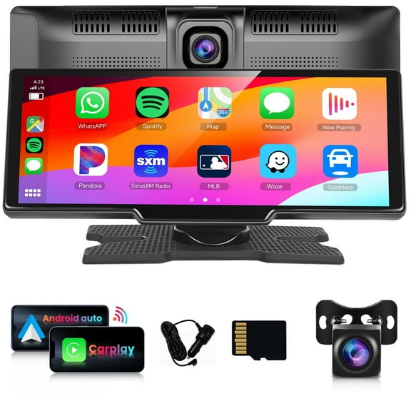 Portable Car Radio Wireless Carplay Screen with Dash Cam, Torovo 10.26'' Touchscreen Android Auto Screen, Siri, Dual Bluetooth, GPS, Backup Camera, AUX, FM Transmit, Mirror Link