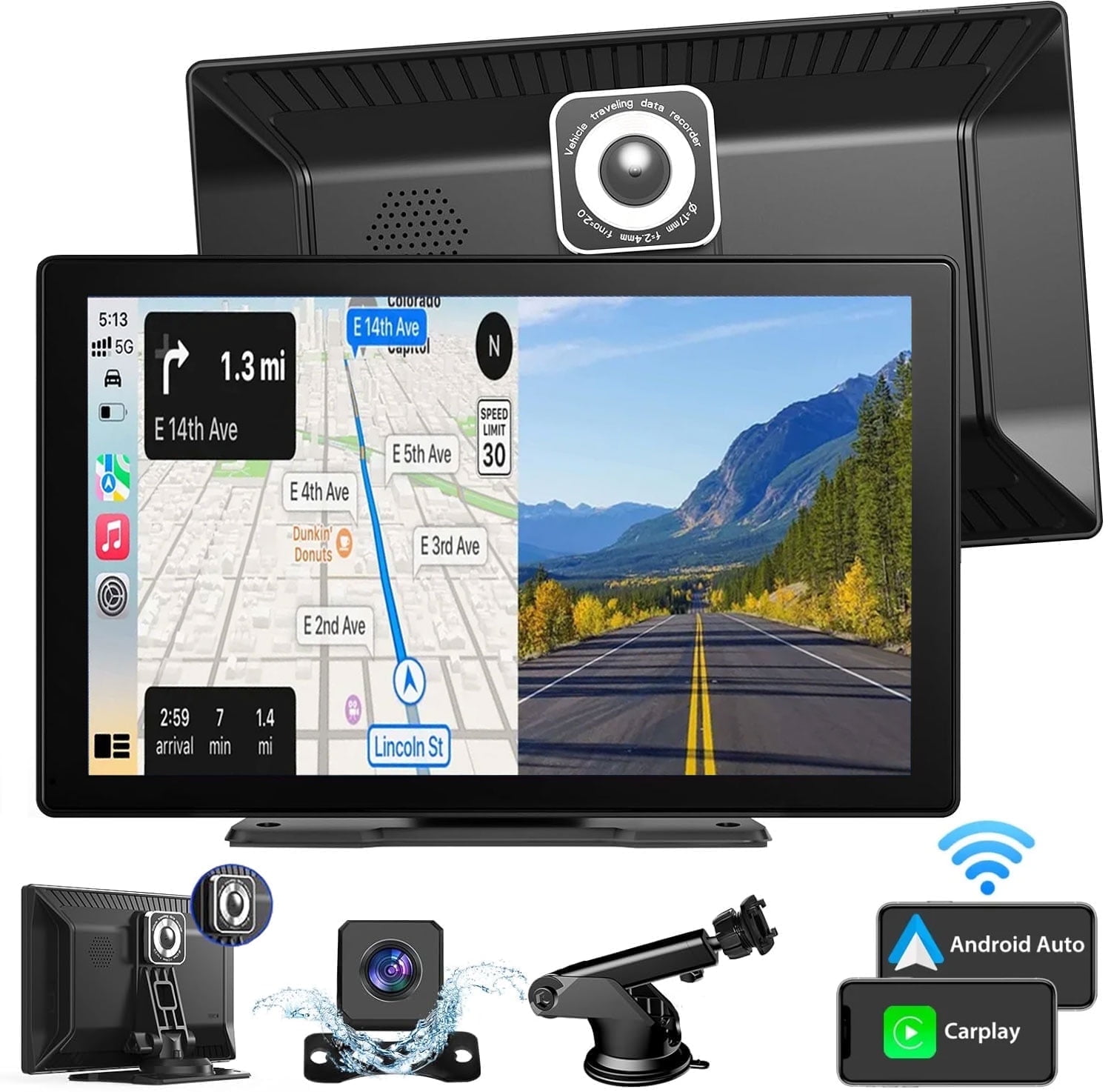 Portable Car Stereo, Wireless 9 Inch Touch Screen Apple Carplay & Android Auto with 2.5K Dash Cam, 1080P Rear Camera, Car Audio Receiver/FM/Bluetooth