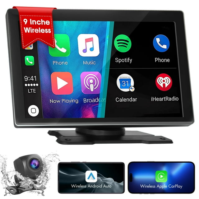Portable Car Stereo with Wireless Apple CarPlay & Android Auto, 9" FHD Touchscreen, Backup Camera, Bluetooth, Voice Control, Siri/Google, Mirror Link, GPS, FM, AUX/USB/TF