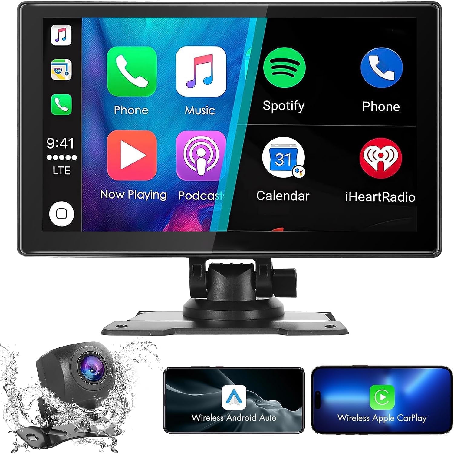 Portable Car Stereo, Wireless Apple CarPlay&Android Auto, 9” FHD Touchscreen Car Audio Receiver, Bluetooth, Rear Camera, Voice Control, AUX/USB/TF