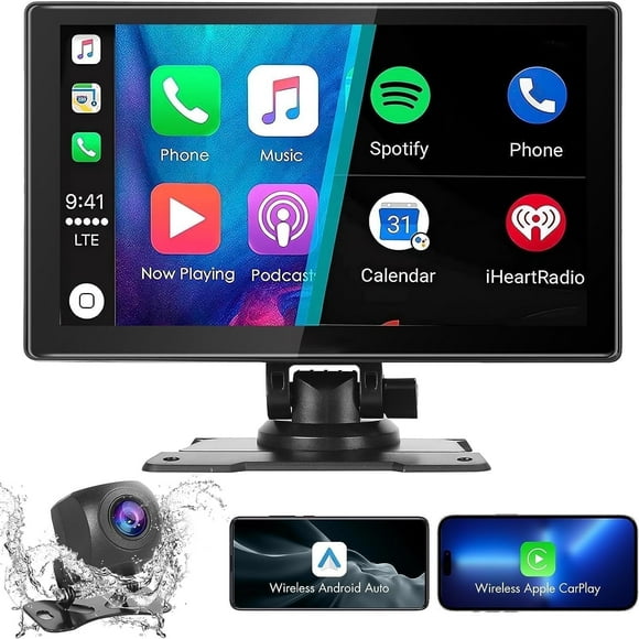 Portable Car Stereo, Wireless Apple CarPlay&Android Auto, 9” FHD Touchscreen Car Audio Receiver, Bluetooth, Rear Camera, Voice Control, AUX/USB/TF