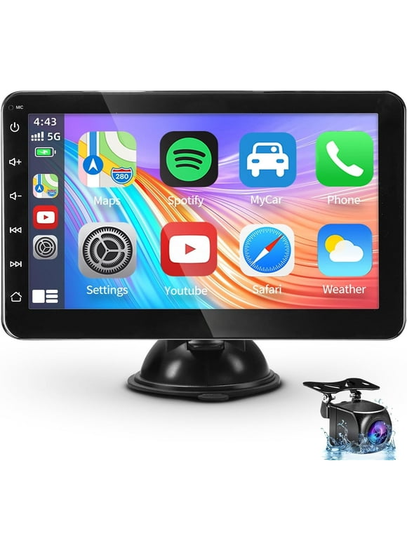 Portable Car Stereo Wireless Apple CarPlay Dash Mount & Android Auto, Drivemate, 7-Inch FHD Touchscreen Car Audio Receiver, Bluetooth Handsfree, Car Buddy, AHD Backup Camera, AUX/AV in/USB