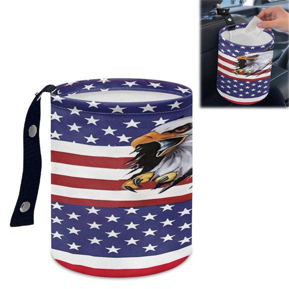 Portable Car Trash Can for Travel, ,Cat & American Flag Foldable Waterproof Leakproof Garbage Bin for SUV Truck