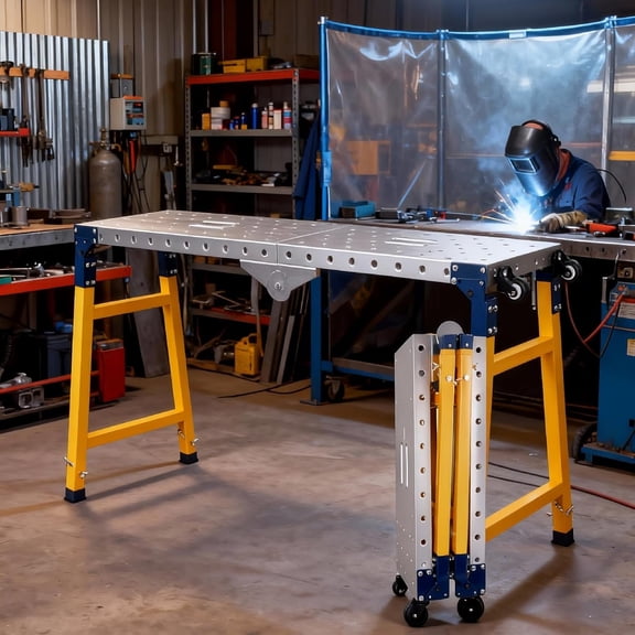 Portable Carbon Steel Folding Welding Table, 1200lbs Load Capacity, 66"17" Galvanized Work Bench with 5 Folding Legs, Work Platform with 4 Casters 0.7 Holes