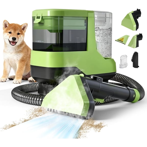 Portable Carpet Cleaner Machine, 17Kpa Upholstery Steam Cleaner with Voice Prompting, Self-cleaning, 4 Tools for Pets, , Couch and Stairs- C688, Green
