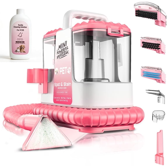 Portable Carpet and Upholstery Cleaner for Pet Stains, Spot Cleaning Couch Sofa Car Interior and Rugs, Lightweight Compact Deep Cleaning Machine with Solution, Pink