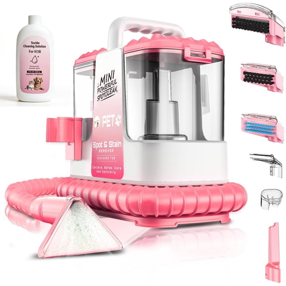 Portable Carpet and Upholstery Cleaner for Pet Stains, Spot Cleaning Couch Sofa Car Interior and Rugs, Lightweight Compact Deep Cleaning Machine with Solution, Pink