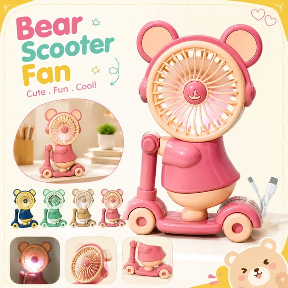 Portable Cartoon Bear Fan with Integrated Pencil Sharpener and Ambient Night Light Skateboard Style Desktop Accessory for Student Study Workspace and Personal Use, Blue