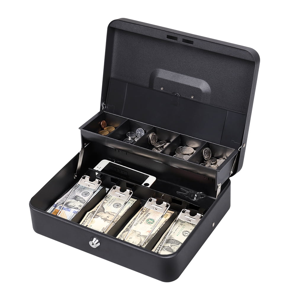 Portable Cash Drawer Box Deposit with 5 Coin Tray Cover, 3.46 in x 11.8 in x 9.5 in, Black