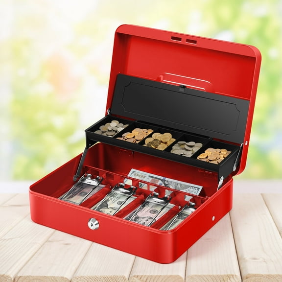 Portable Cash Drawer Box Deposit with 5 Coin Tray Cover, 3.46 in x 11.8 in x 9.5 in, Red