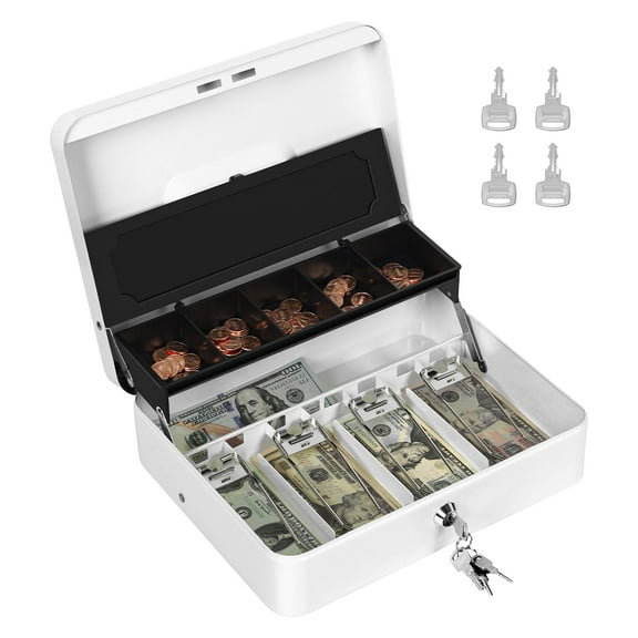 Portable Cash Drawer Box Deposit with 5 Coin Tray Cover, 3.46 in x 11.8 in x 9.5 in, White