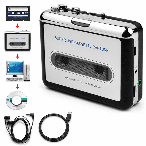 Portable Cassette Player Tape to MP3 Converter USB Cassette Capture Audio Music Player, Retro Style Tape Recorder with Stereo Sound, 3.5mm Headphone Jack, Compatible with Laptop PC Computer