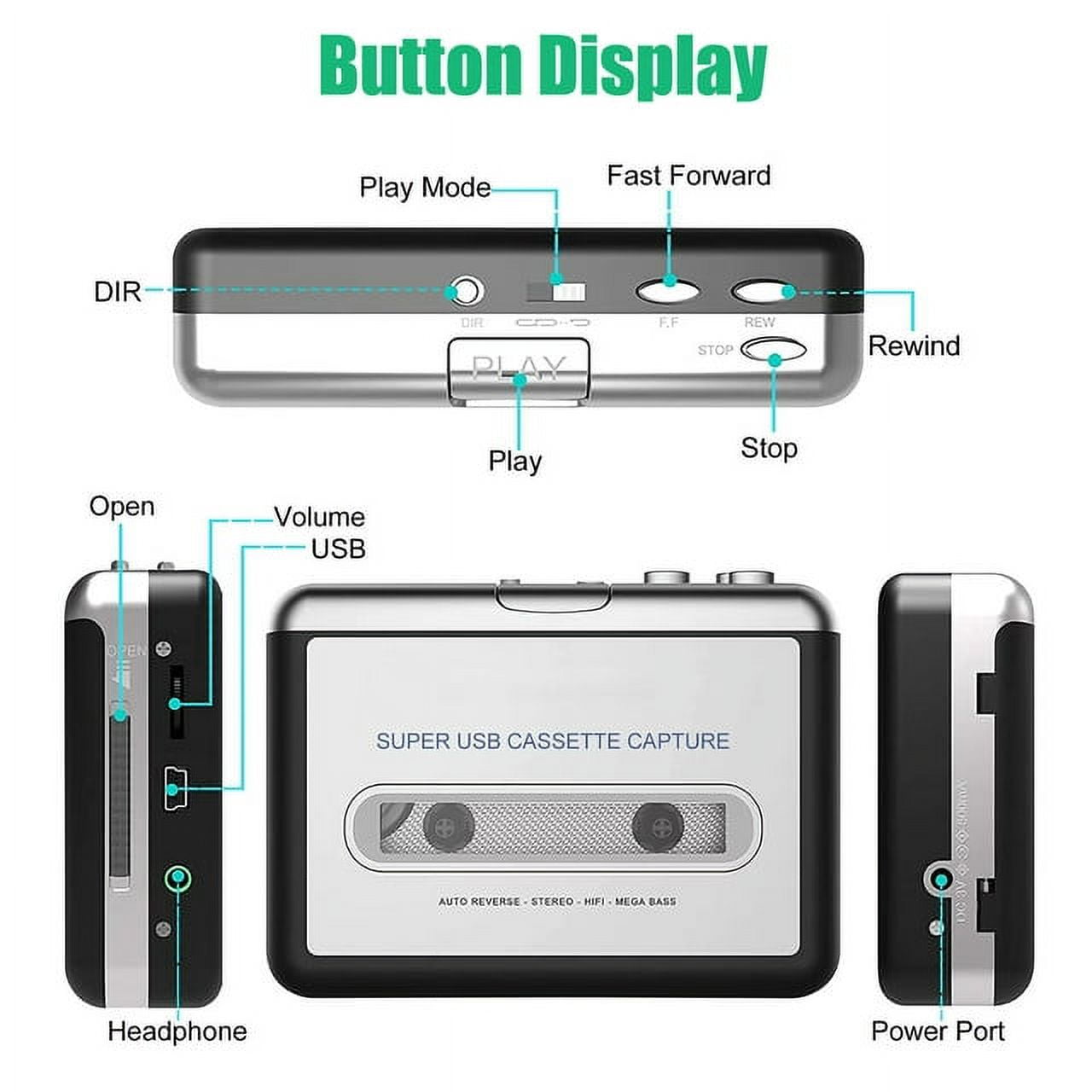 Portable Cassette Player and Tape Cassette Recorder with 3.5mm Jack, USB Audio Music Walkman, Cassette Tape to MP3 Converter, Black