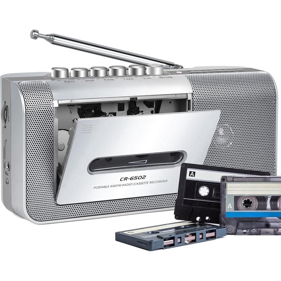 Jazmm Portable Cassette Recorder Player, AM/FM Cassette Tape Player with Built, in Loud Speaker, Microphone & 3.5mm Earphone Jack, AC/AA Battery Powered, Ideal Gift for Home