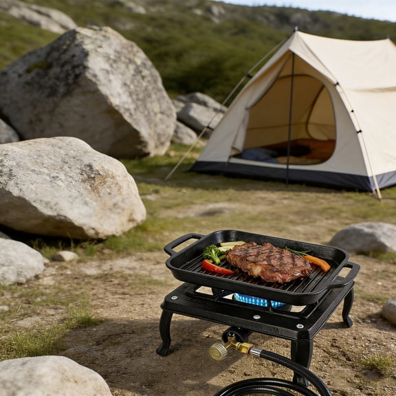 Portable Cast Iron Single Burner Propane Stove with Flame Adjustment and CSA Certified Hose and Regulator
