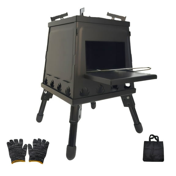 Portable Cast Iron Wood Burning Camp Stove Heavy-Duty Outdoor Campfire Stove, Sturdy Legs, Air Vents, Firewood/Bonfire Compatible for Hiking, Backpacking, Picnic, BBQ, Travel