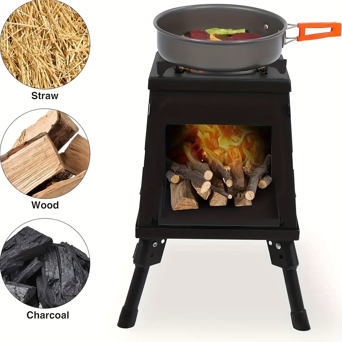 Portable Cast Iron Wood Burning Camp Stove - Heavy-Duty Outdoor Cookstove & Heater, Chimney/Air Vents/Sturdy Legs, Firewood/Charcoal Compatible, No Electricity, for Camping/Hiking/Picnic/BBQ