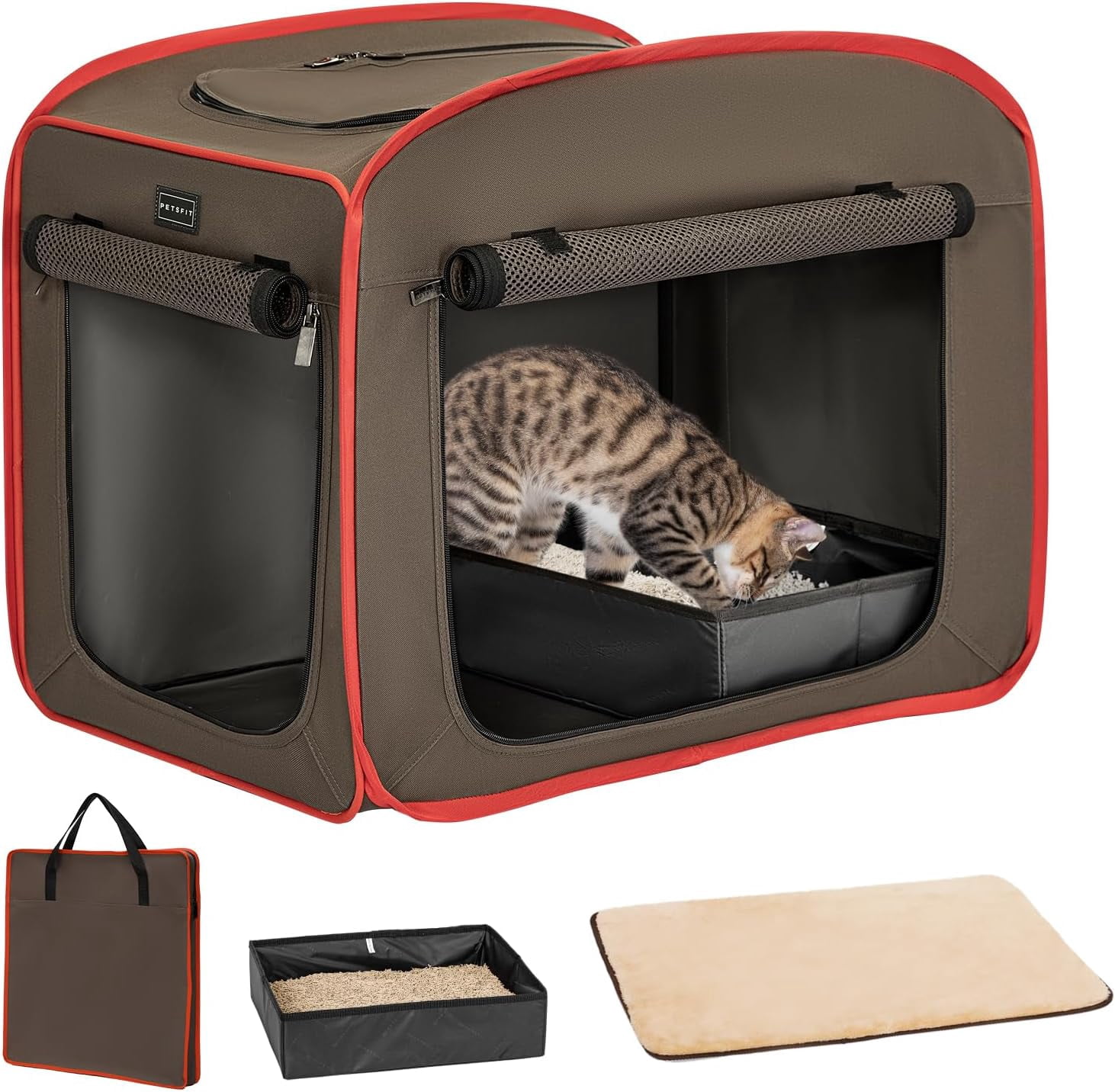 Portable Cat Crate with Litter Box and Soft Cushion, Collapsible Pop Up ...