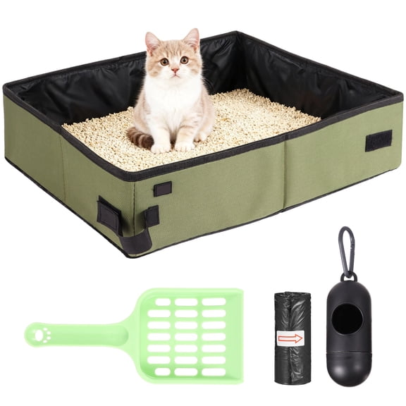 Portable Cat Litter Box with Shovel, Pooper Scooper and Waste Bags, Leak-Proof, Wear-Resistant Oxford Cloth, Foldable Travel Litter Box Kit for Outdoor, Car, RV Use, 15.7 x 11.8 in