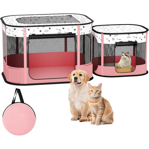Portable Cat Playpen, 8-Rod Reinforced Kitten Dog Playpens, Foldable Play Pen for Indoor Cats Enclosed Pet Puppy Doggy Outdoor, Collapsible Tent Kennel Cage House(32"x24"x22")pink