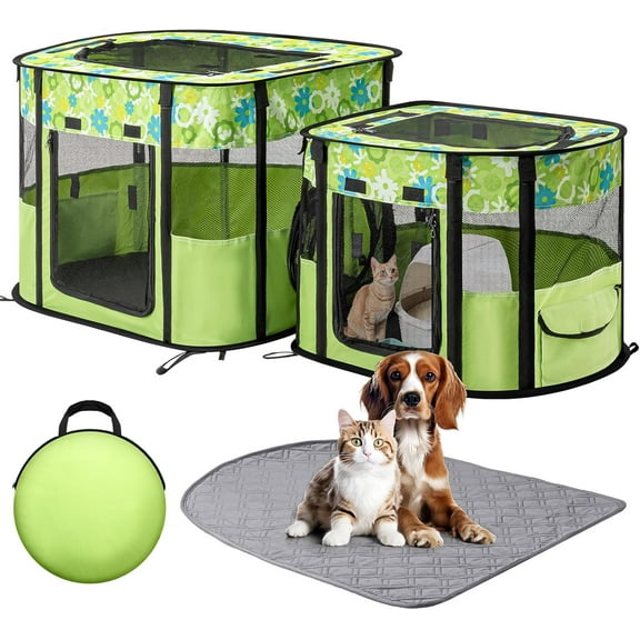 Portable Cat Playpen with Separate Areas, Foldable Indoor Outdoor Cat Enclosure, Portable Pet Tent for Kittens and Small Animals, Collapsible Tent Kennel Cage House with Tent Pegs and Carry Bag