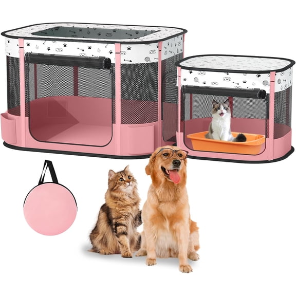 Portable Cat Playpen with Litter Box Area Foldable Indoor Outdoor Enclosure 32" 24" 22" Pink