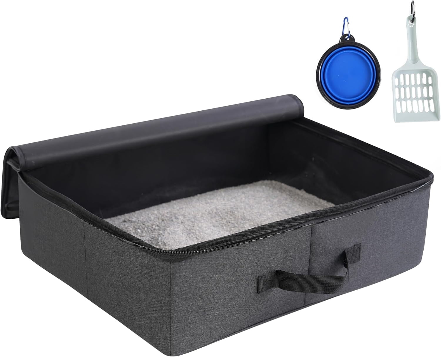 Portable Cat Travel Litter Box with Zipped Waterproof Bag,Collapsible Litter Carrier for Cat with Zipped Lid and Handle, No Leakage, No Smell, Easy to Carry and Use in Hotels, Car Black
